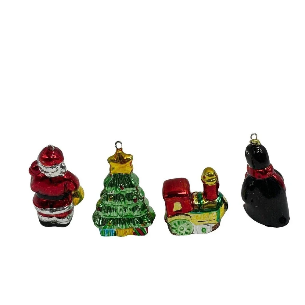 Vintage Glass Santa Holding Doll and Gifts Tree  Penguin Metallic Paint
